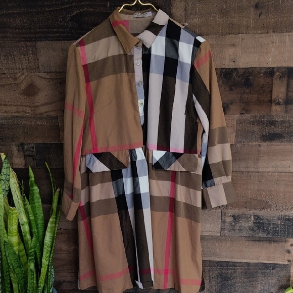Burberry Dresses & Skirts - Burberry Tan, Black, White & Pink Plaid Long Sleeve Dress